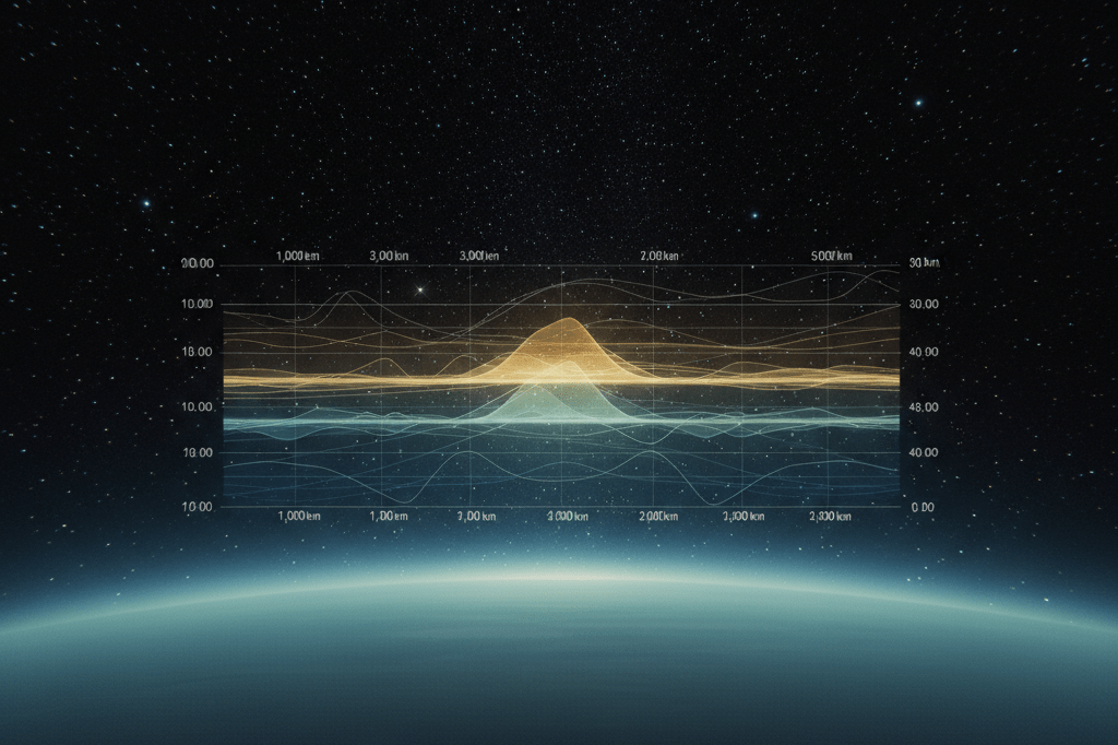 Wide-angle space-inspired image showing layered translucent bands representing altitude-based temperature and ion density gradients, evoking Webb telescope data analysis