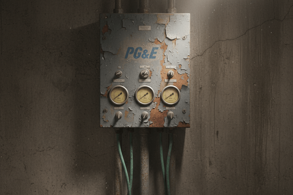Medium shot of an analog utility control panel with exposed wiring and faded markings in a dimly lit industrial vault