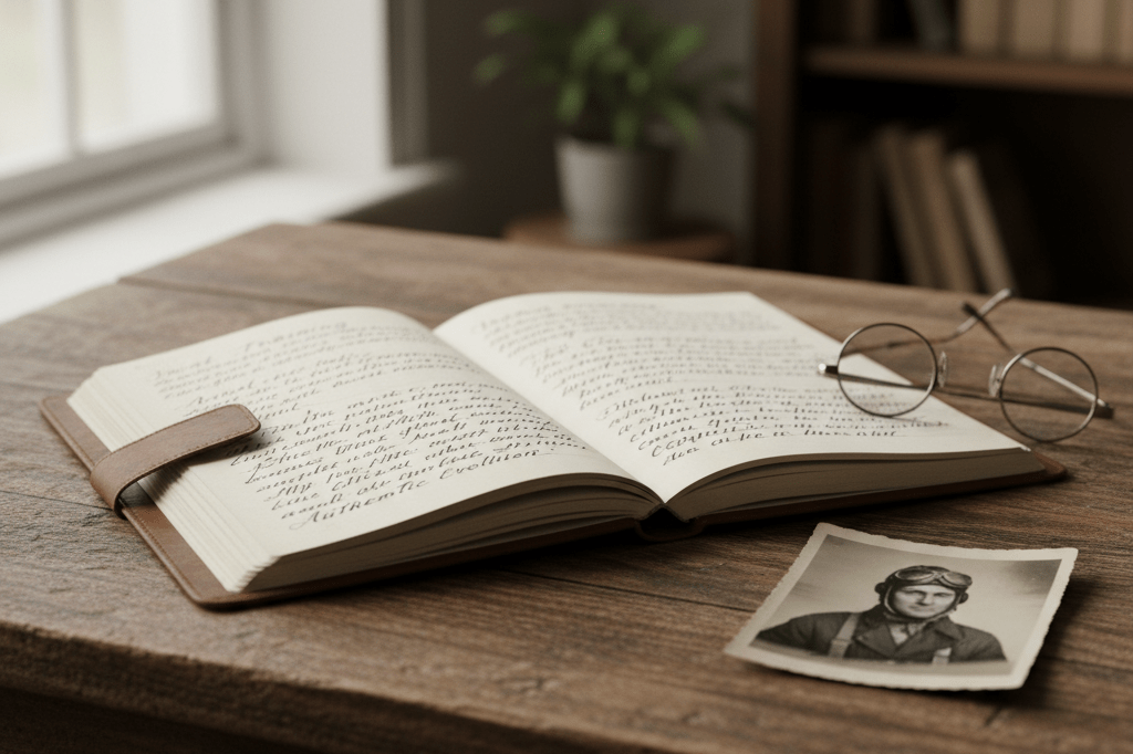 Medium shot of an open leather notebook with handwritten planning notes, vintage glasses, and obscured historical photo on wooden desk in natural light
