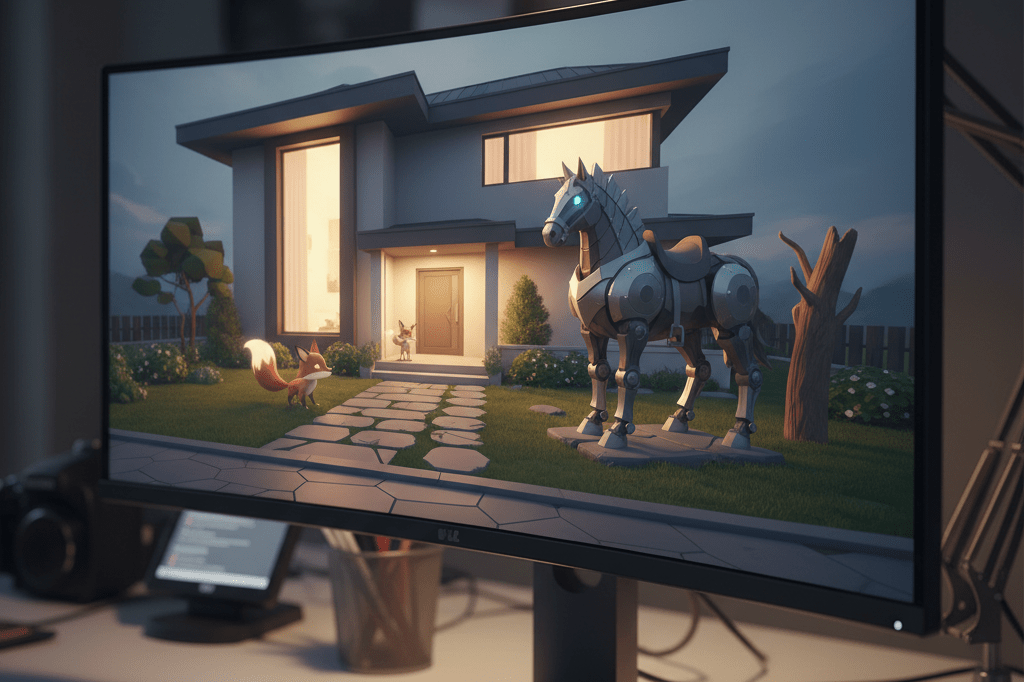 Medium shot of a curved monitor displaying a customizable 3D virtual home with animated pet and mounted companion outside, lit by ambient and desk lighting
