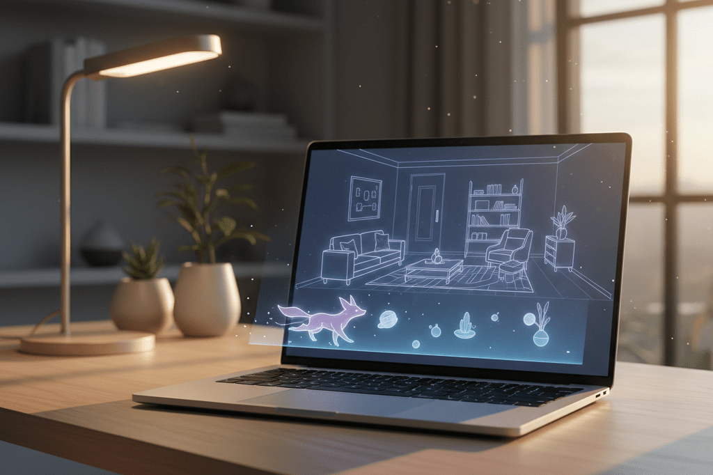 Medium shot of a laptop displaying a glowing virtual home interface with floating decor and a small animated pet inside a softly lit home office