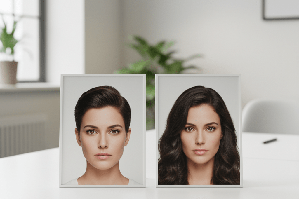 Two identical portrait frames on a white desk: one with short hair, one with long hair, illustrating dramatic visual change for marketing impact