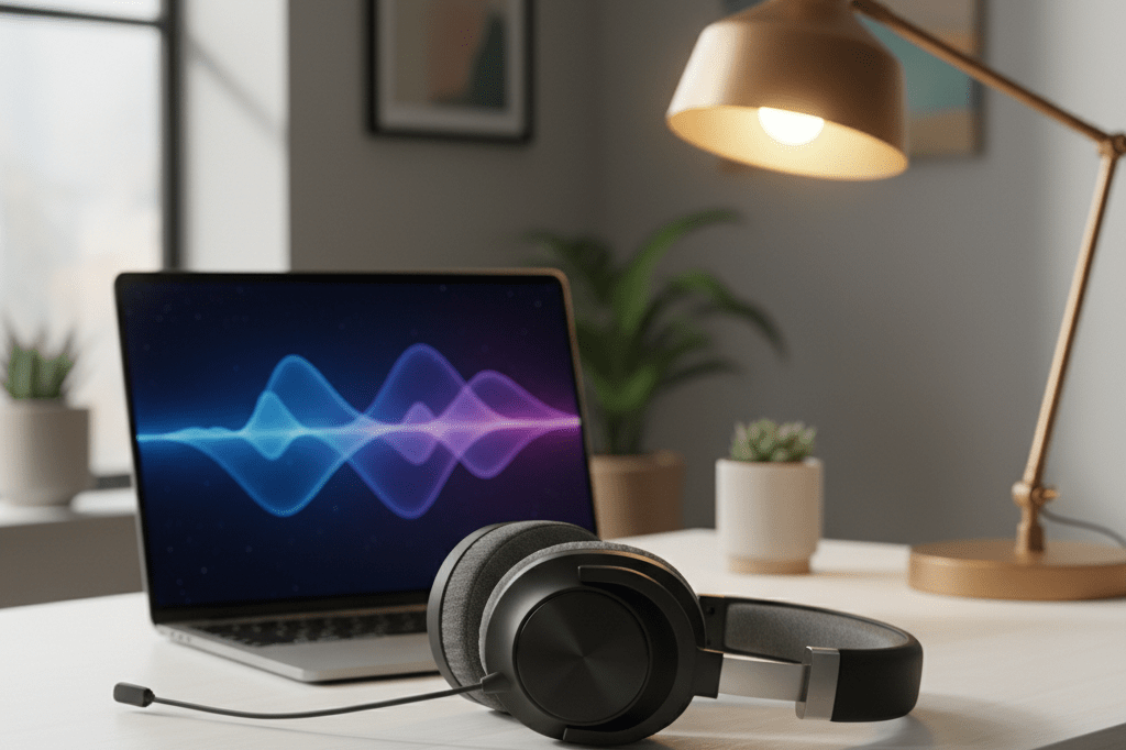 Professional voice communication technology setup in modern workspace High-quality headset and laptop on desk with waveform visualization, natural and lamp lighting, no people visible