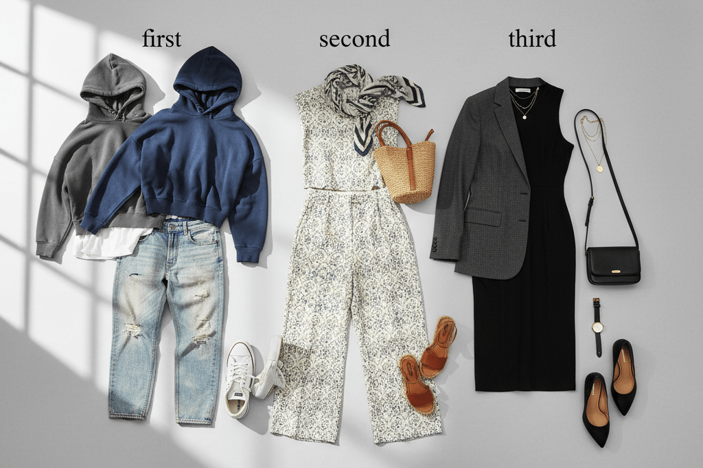 Wardrobe evolution flat lay showing narrative-driven fashion progression Three staged clothing ensembles on a neutral backdrop showing casual to sophisticated style progression, lit by natural daylight