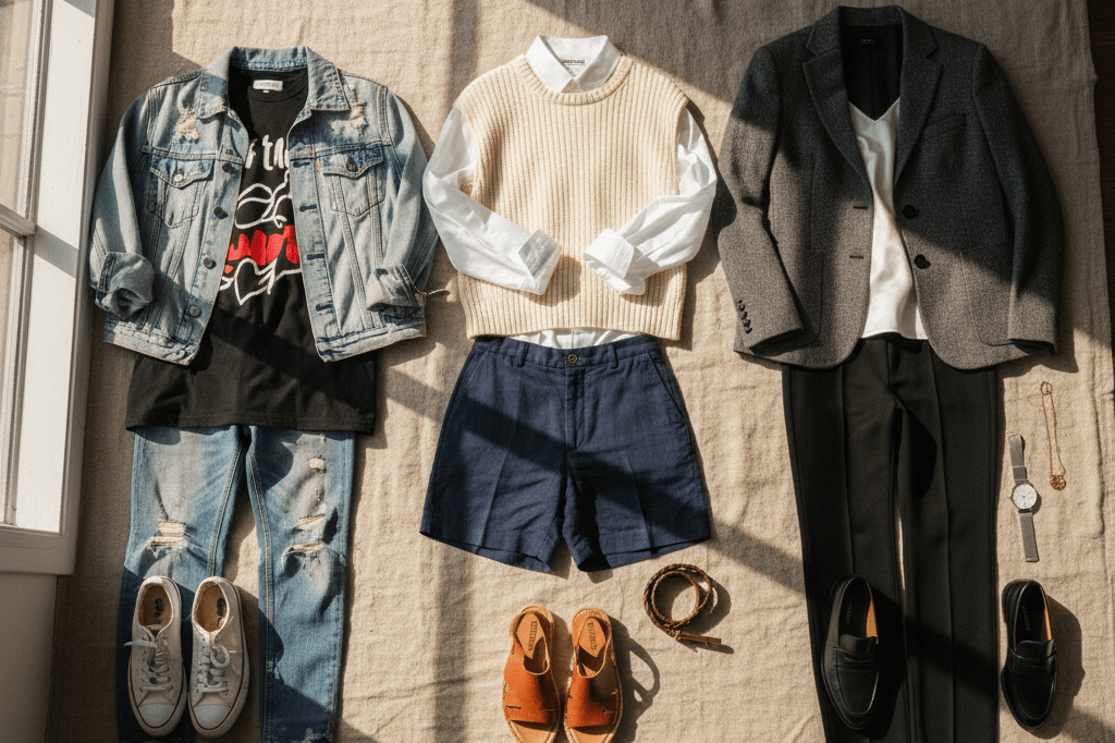 Wardrobe Evolution Flat-Lay Representing Narrative Product Development Three staged fashion ensembles on a neutral surface showing progressive sophistication from casual to structured styles, symbolizing intentional product lifecycle storytelling