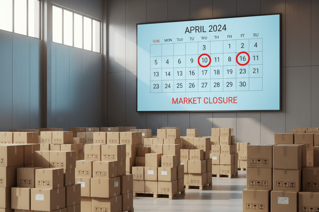 Warehouse inventory stacks and calendar highlighting April 3-5 market split under natural light