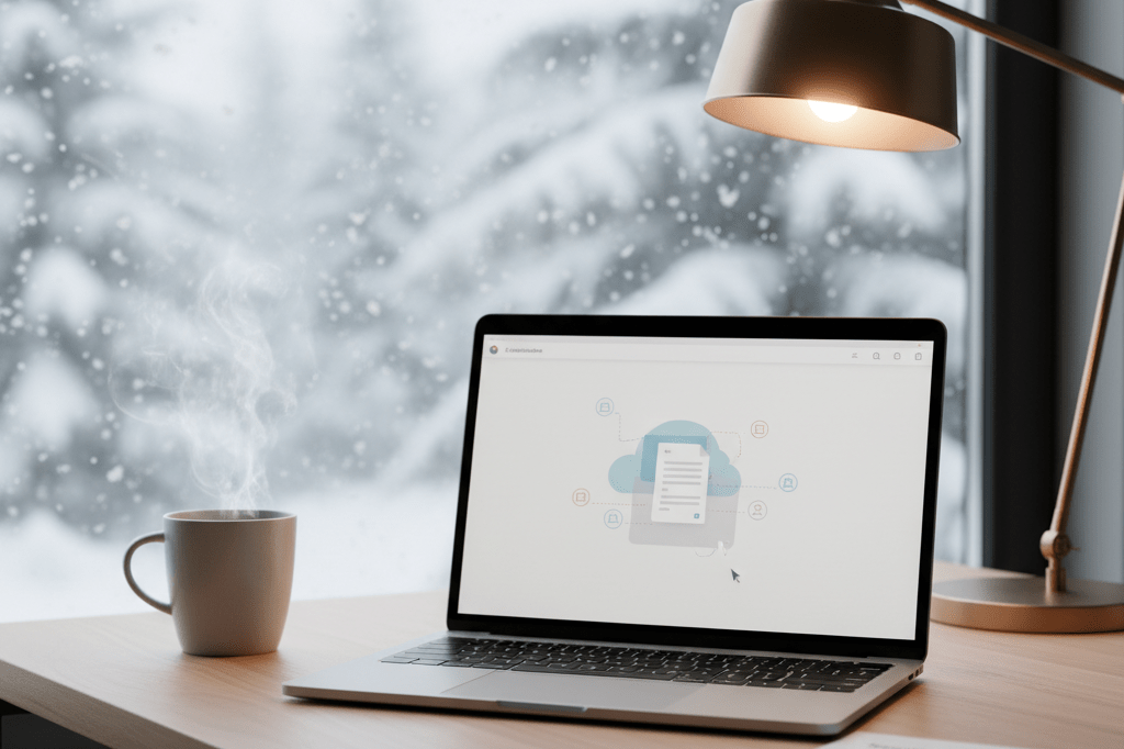 Medium shot of a well-lit home office with laptop, mug, and blurred remote work checklist during snowy weather