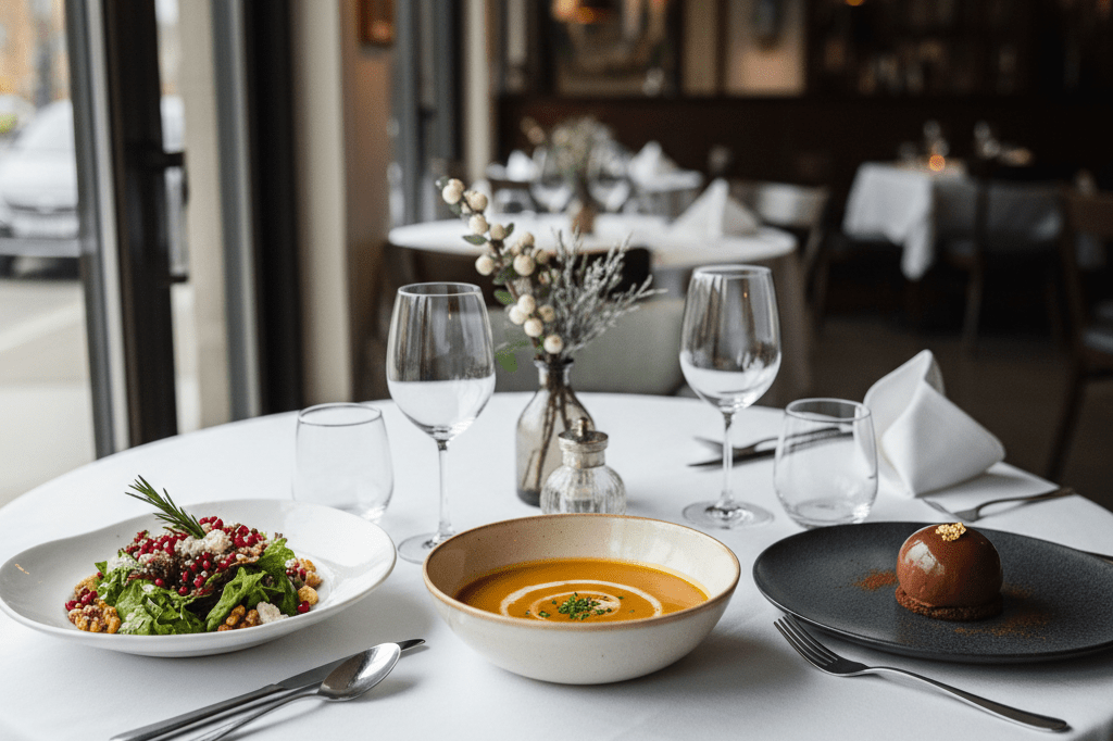Medium shot of an elegantly set winter restaurant table with three-course prix fixe meal under natural and warm ambient lighting