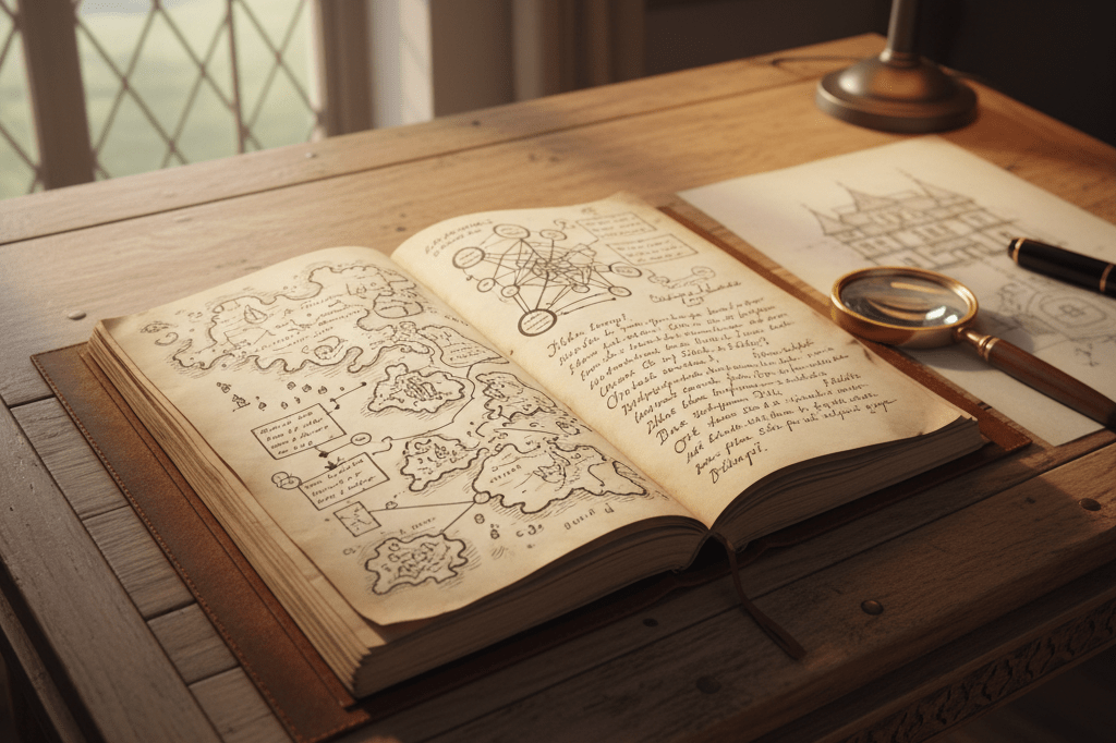 Medium shot of an open leather notebook with hand-drawn maps and story outlines beside a fountain pen and magnifying glass on a wooden table lit by window and lamp