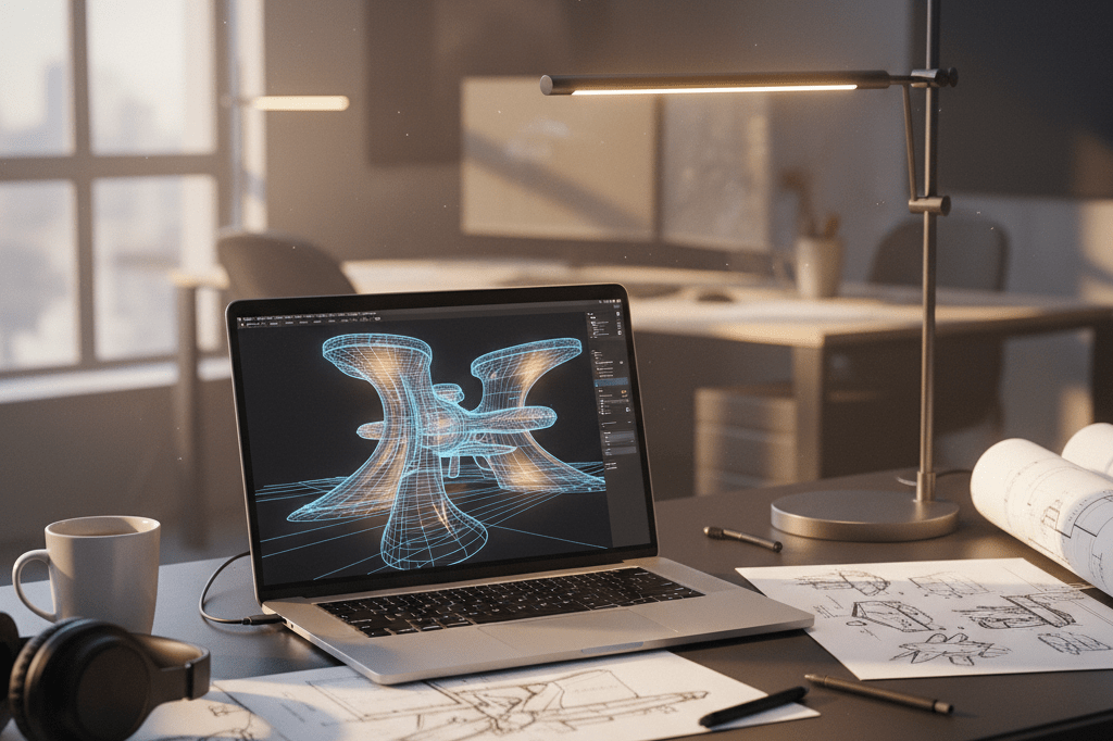 Sunlit developer desk with 3D modeling software interface, architectural sketches, and warm ambient lighting.