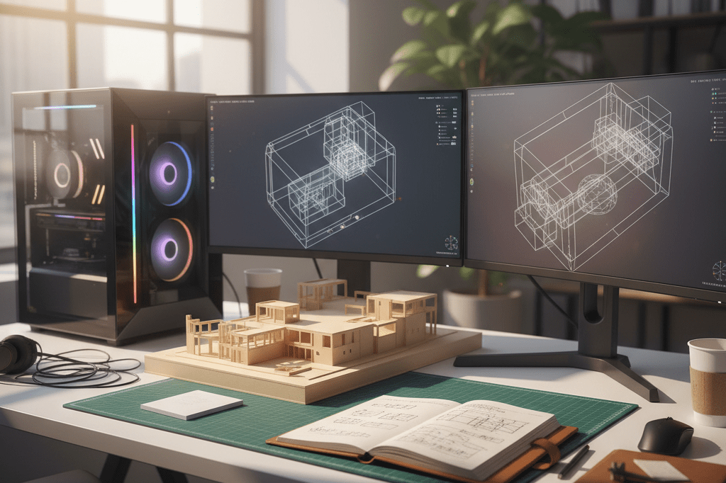 Sunlit developer desk with dual monitors showing 3D wireframes and growth charts