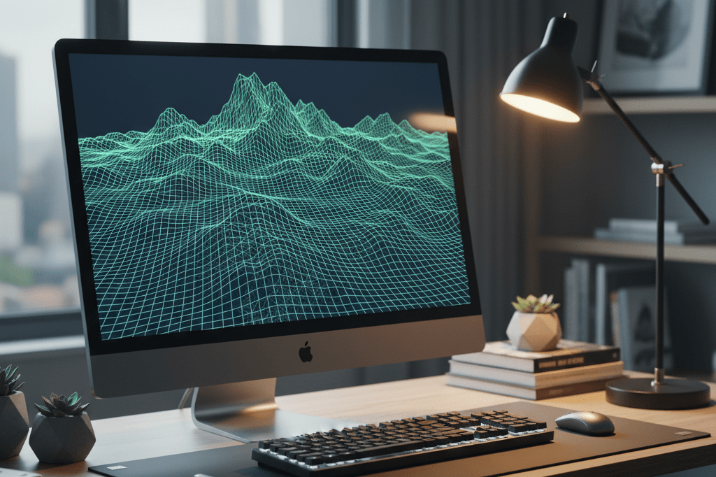Close-up of a developer's desk featuring a monitor showing complex 3D terrain and lighting effects under natural ambient light