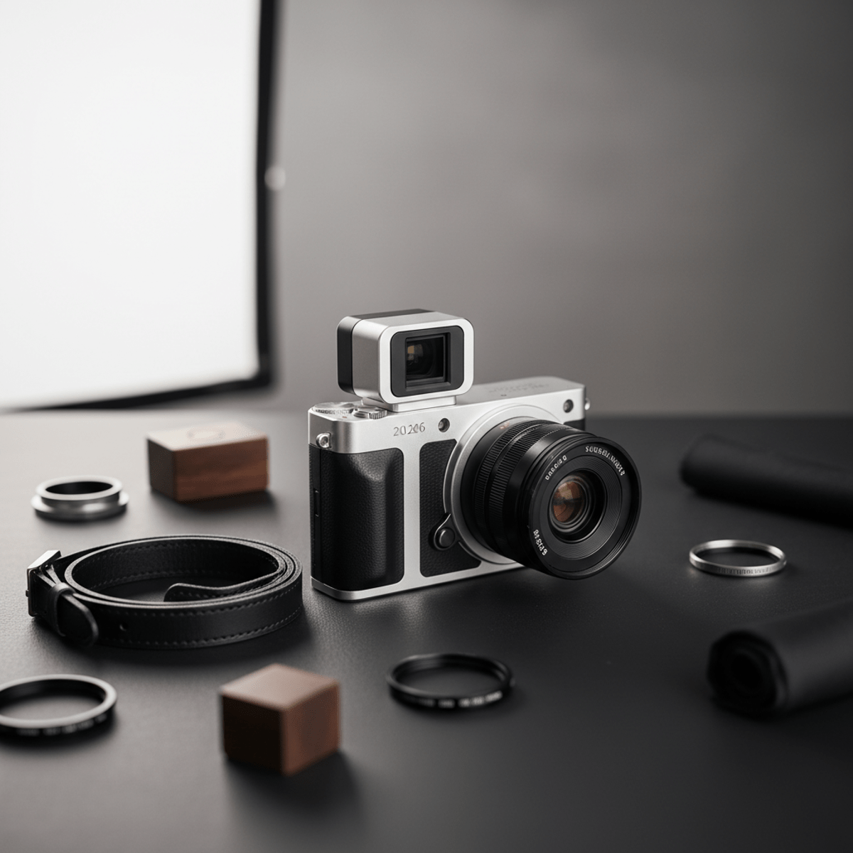 High-end digital camera with modular attachments on a matte black surface.
