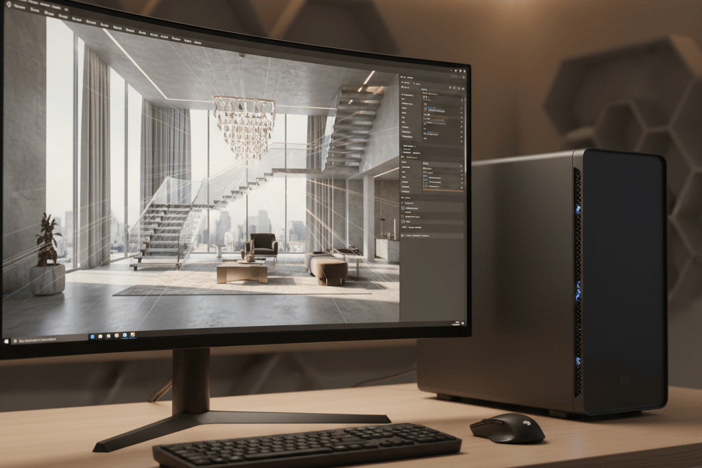 Professional rendering workstation showing advanced real-time ray tracing capabilities for detailed 3D architectural design.