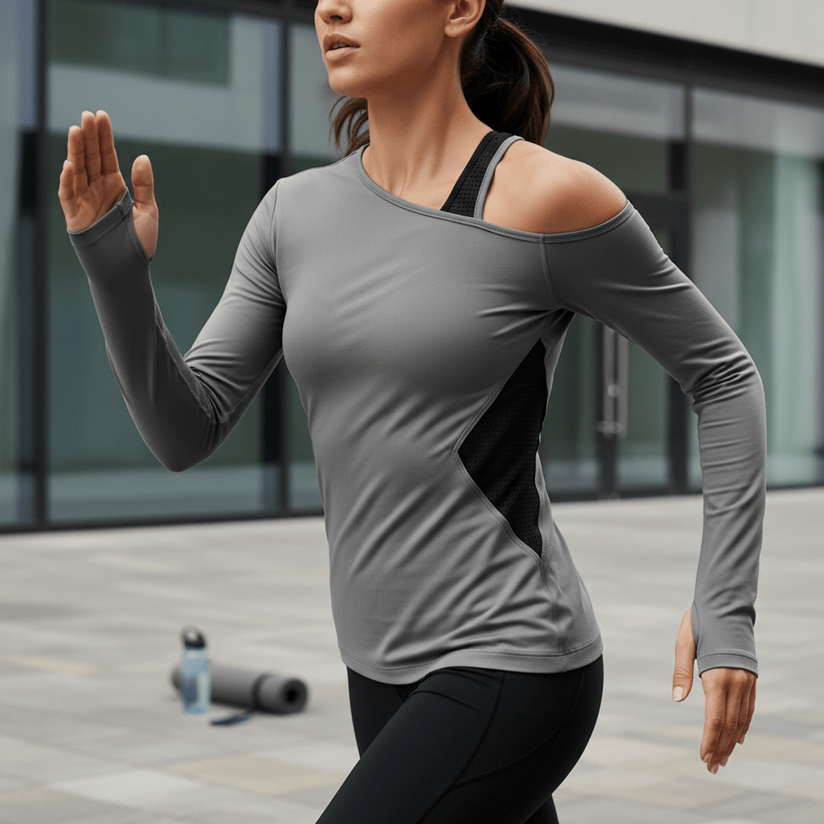Athletic model in a grey and black performance top with cold-shoulder detail in motion.