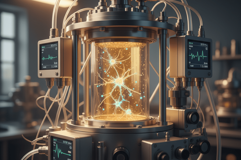 Close-up of a glowing lab bioreactor with neural cells, symbolizing biological computing innovation