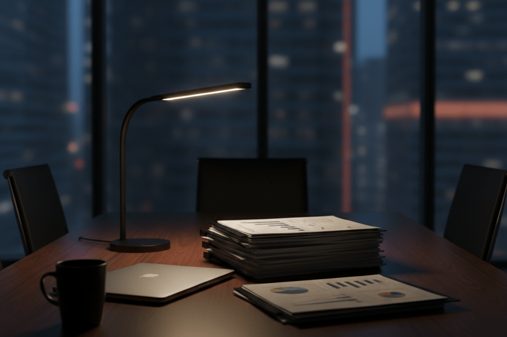 Empty boardroom table with reports and laptop under warm lamp light, symbolizing corporate crisis management strategy
