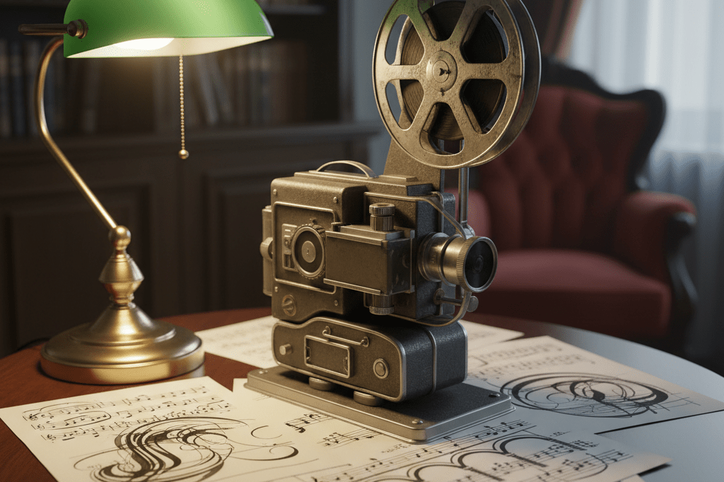 Film projector and black-and-white scripts on table under warm lamp light representing cultural market growth
