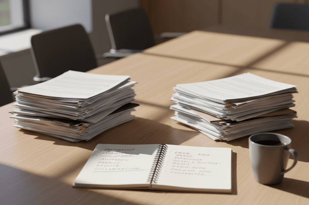 Empty conference table with documents and mug under natural light representing respectful business collaboration