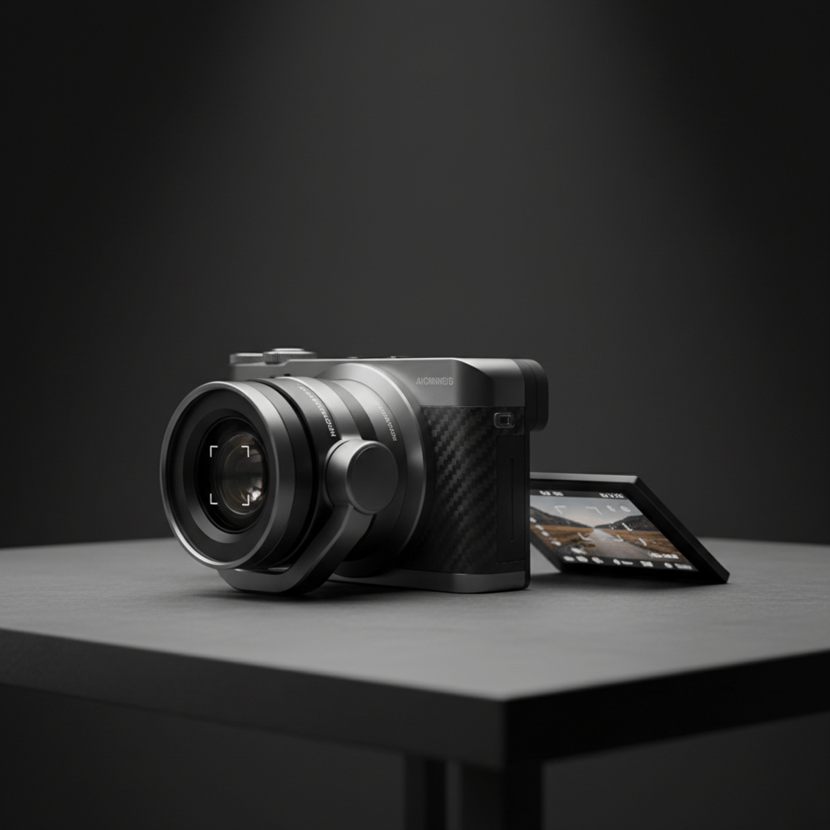 High-end compact digital camera with articulating OLED screen on a minimalist table.