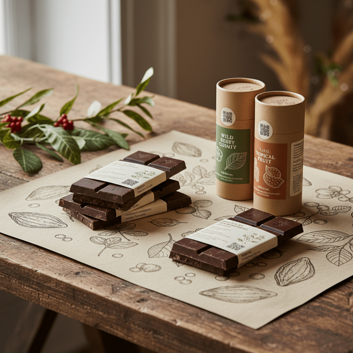 Compostable candy packaging with organic gummies and chocolate on a rustic wooden table.