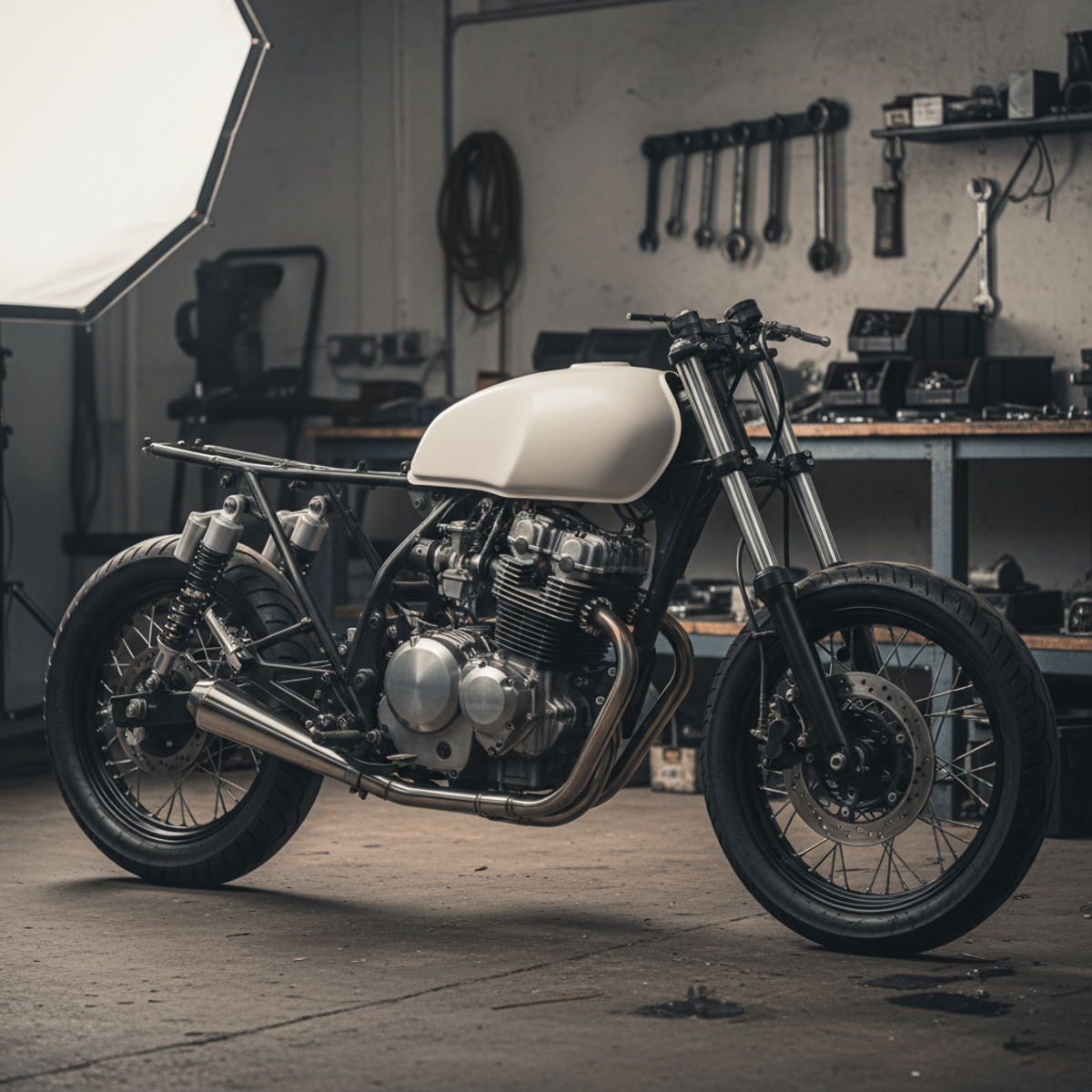 Minimalist motorcycle with modular parts in an industrial workshop, studio lighting.