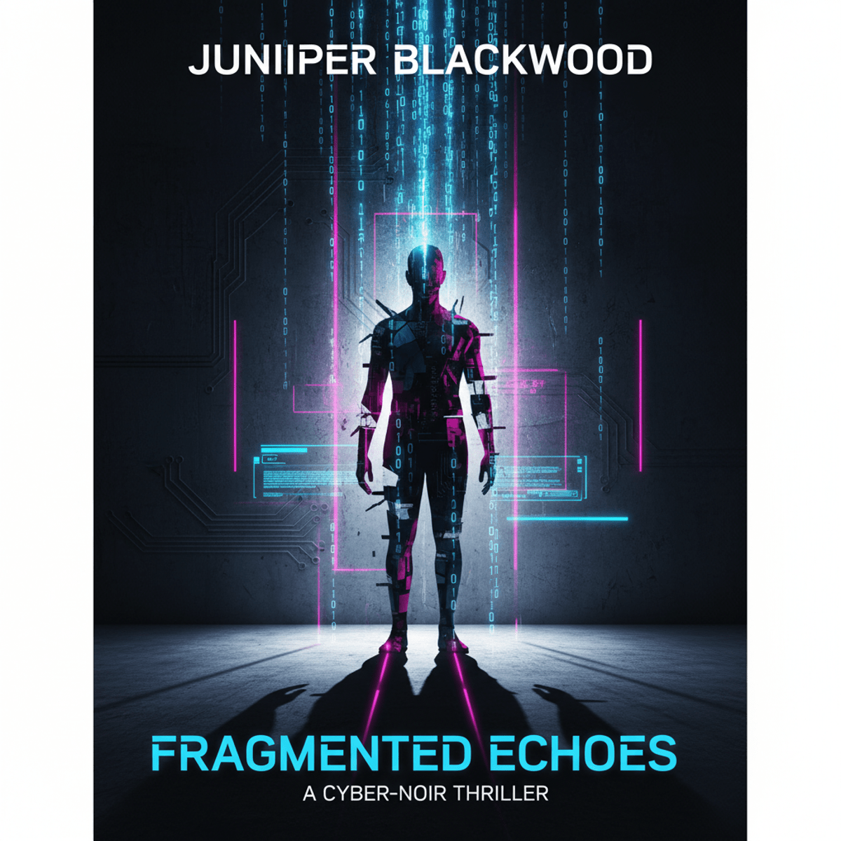 Lone human silhouette fragmented by cascading binary code on a cyber-noir book cover.