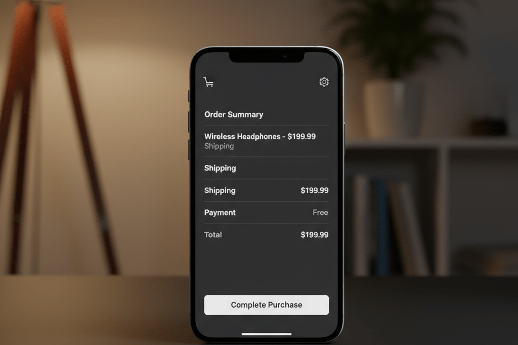 Smartphone showing simplified dark mode checkout page under warm ambient light, symbolizing streamlined UX design