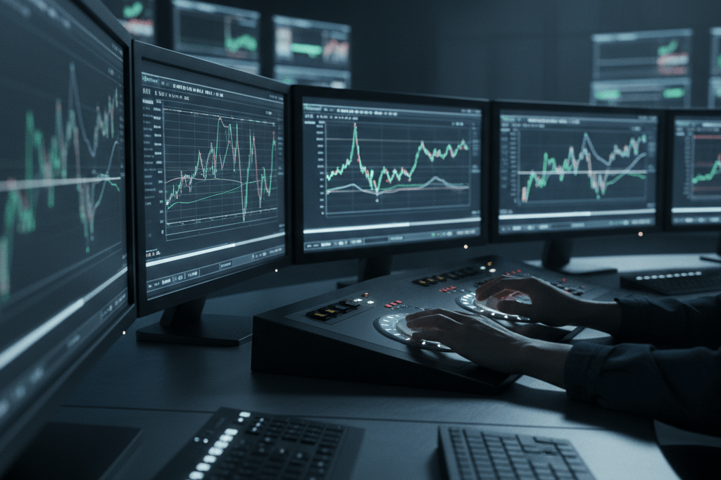 Analyzing market signals within a darkened control environment Darkened control room with glowing data screens and mixing board under monitor light