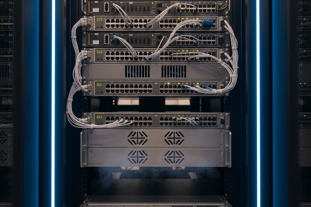 Close-up of server rack interior showing fiber optics, cooling vents, and power supplies under ambient light