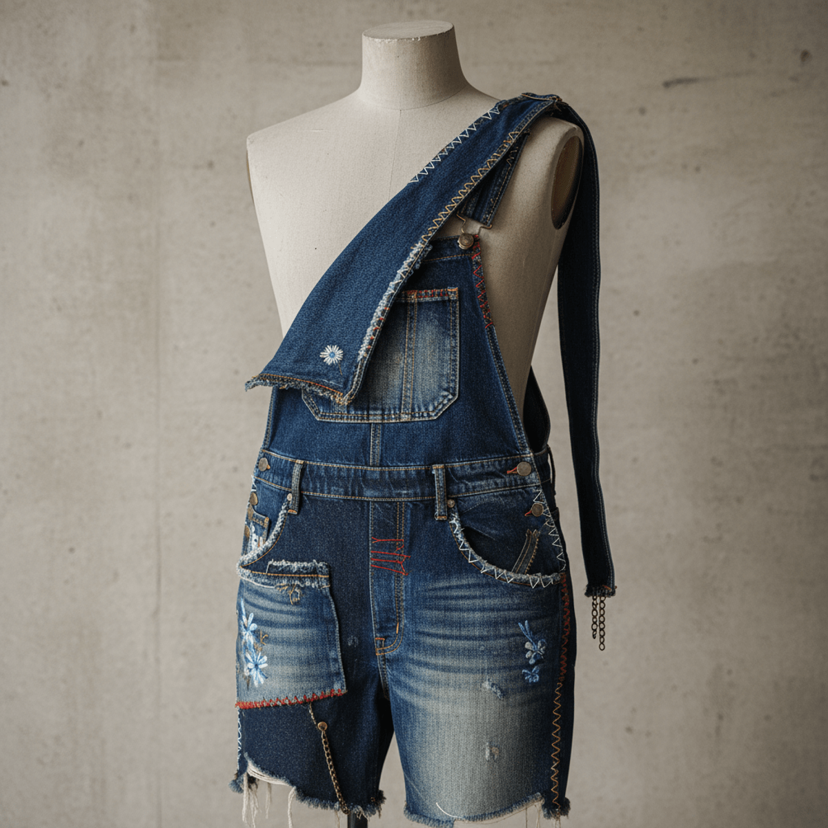 Deconstructed denim overall with asymmetrical straps and mixed washes, showcasing artisanal detail.