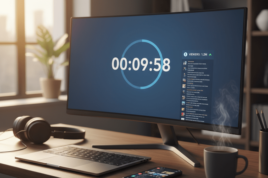 Modern desk with glowing monitor showing live stream countdown and notifications under natural light