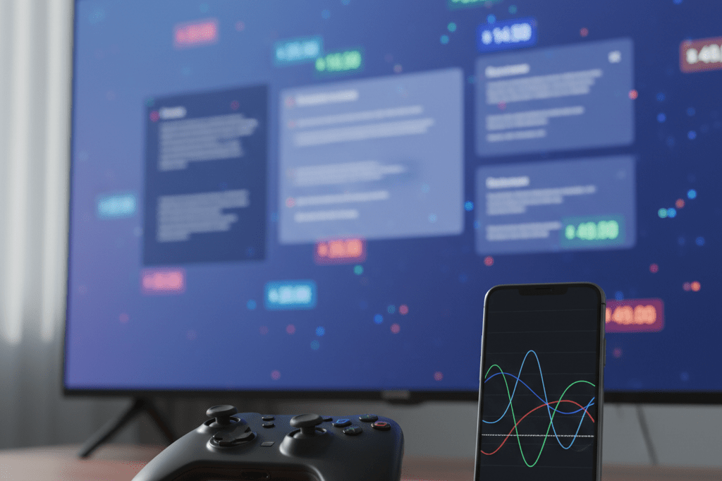 Gaming controller and phone showing data graphs near a screen with abstract pricing visuals under natural light