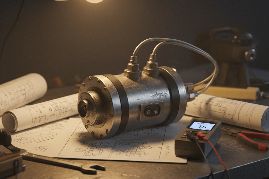 Close-up of rugged sensor on workbench with schematics, symbolizing extreme durability testing