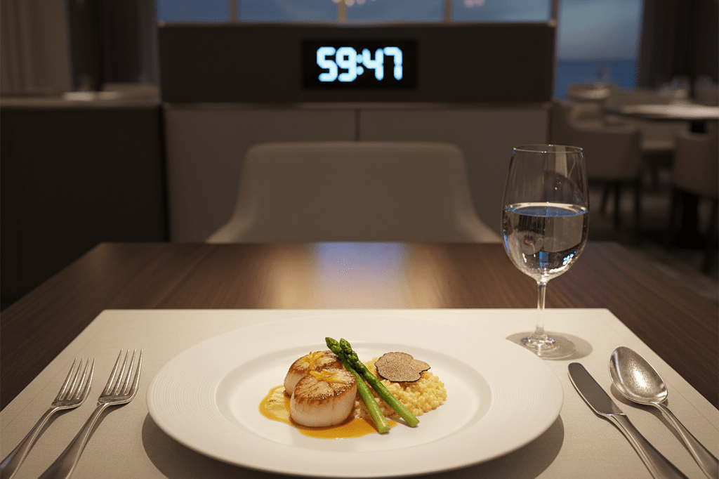 Elegant cruise ship dinner plate on a table under warm light symbolizing fast efficient dining service