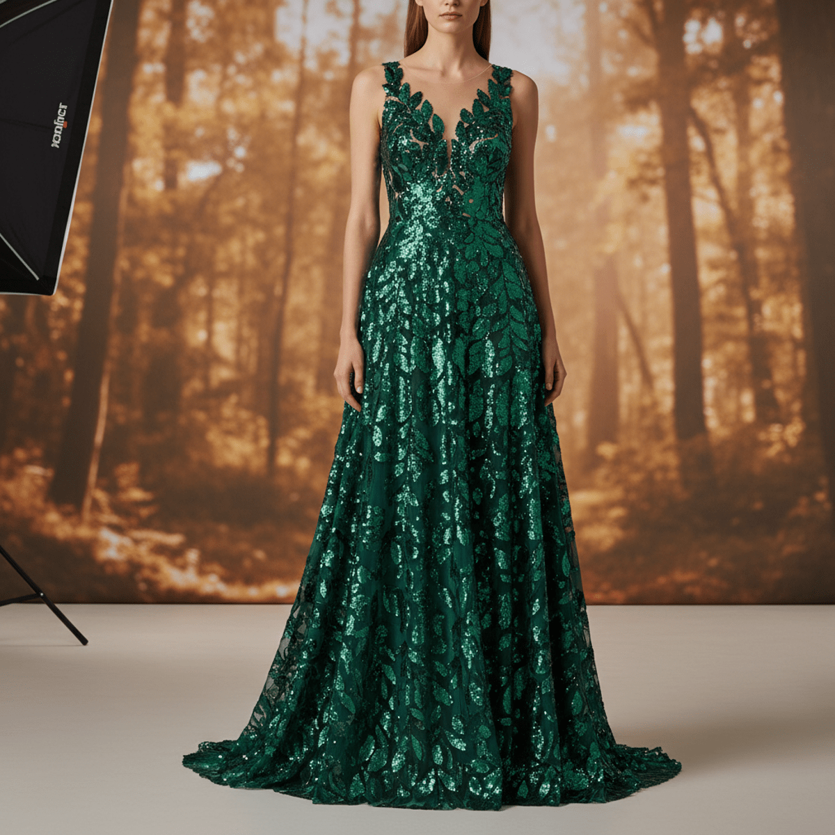 Elegant emerald green sequin gown with cascading leaf patterns in a studio.
