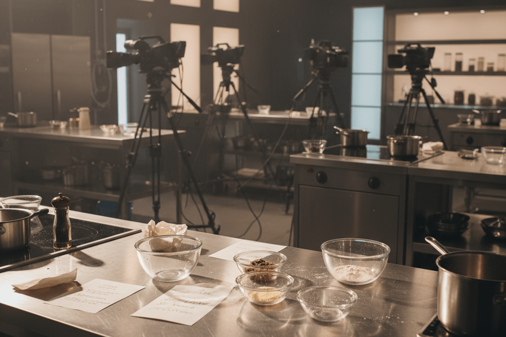 Empty TV cooking studio with cameras and prep tables under warm lights, showing logistical transition