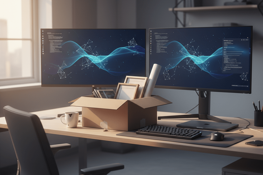 Empty workstation with packed box and glowing monitors under natural light, illustrating digital industry layoffs after success