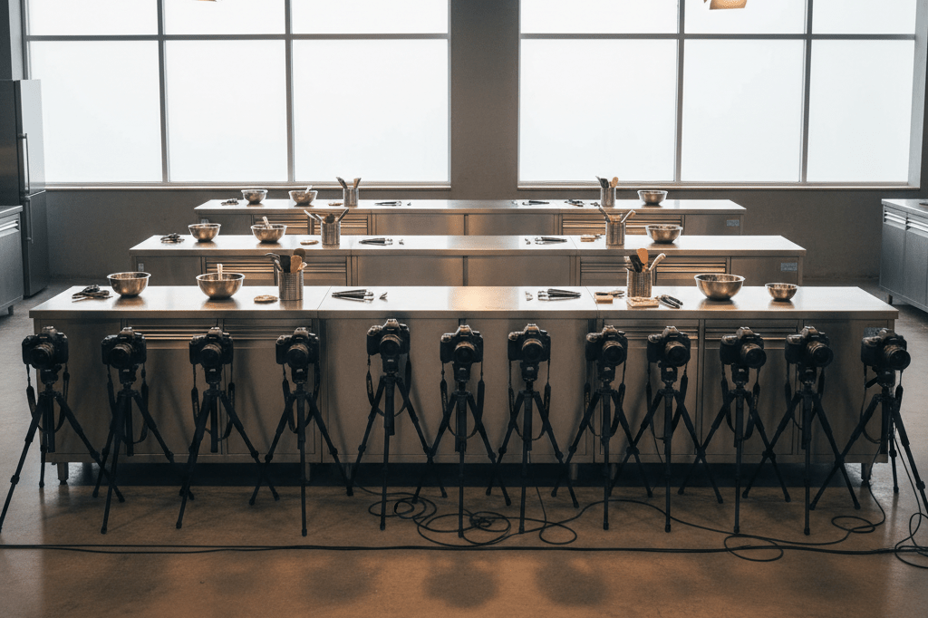 Empty TV studio kitchen with new cameras and tools under natural light