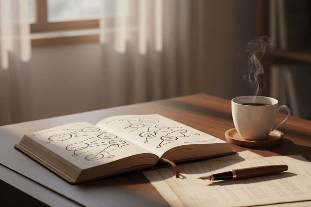Quiet study space for strategic executive networking Sunlit desk with network diagrams and pen, symbolizing elite business connections