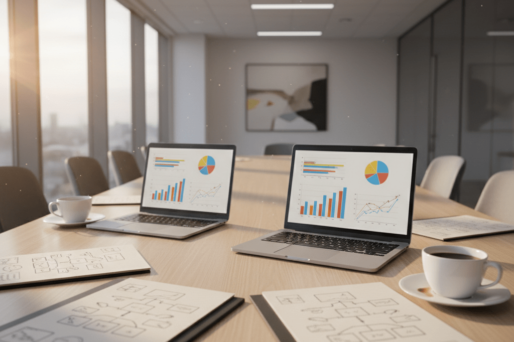 Executive strategy table ready for crisis management meeting Sunlit conference table with notebooks and laptops showing tactical planning tools under natural light