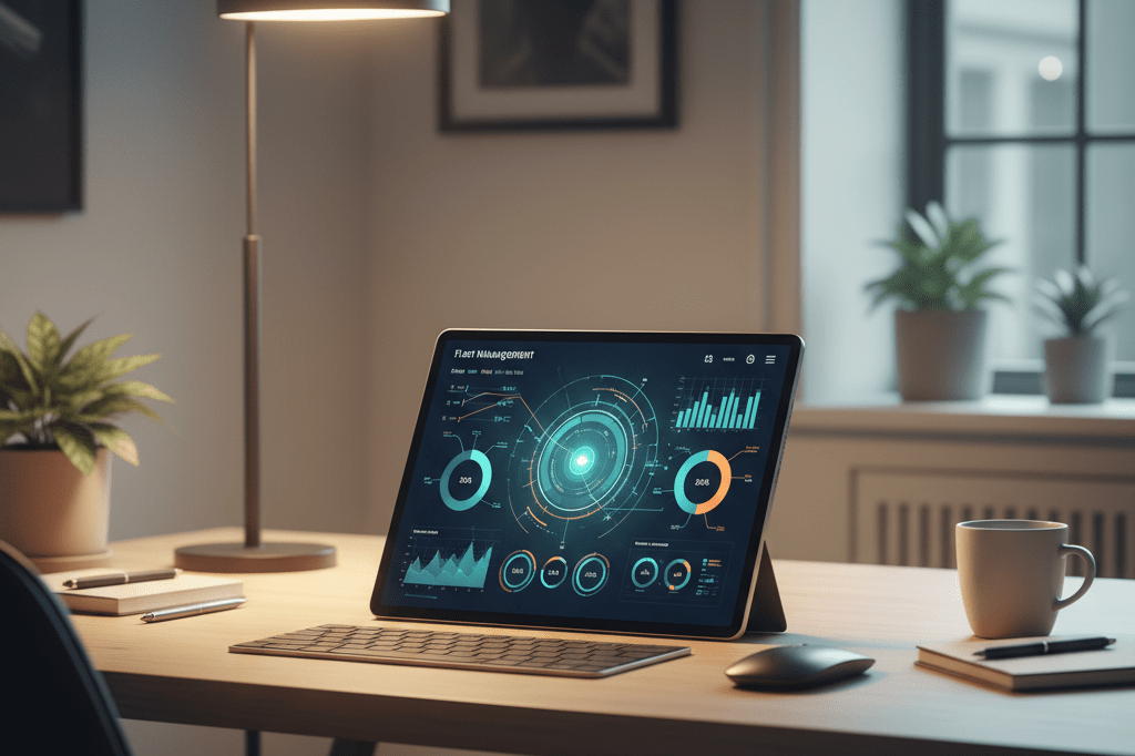 Close-up of a tablet on a desk displaying abstract fleet performance charts and energy data under soft indoor lighting.