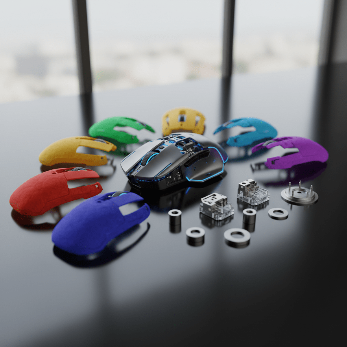 Exploded view of a futuristic modular mouse with colorful interchangeable shells and components.