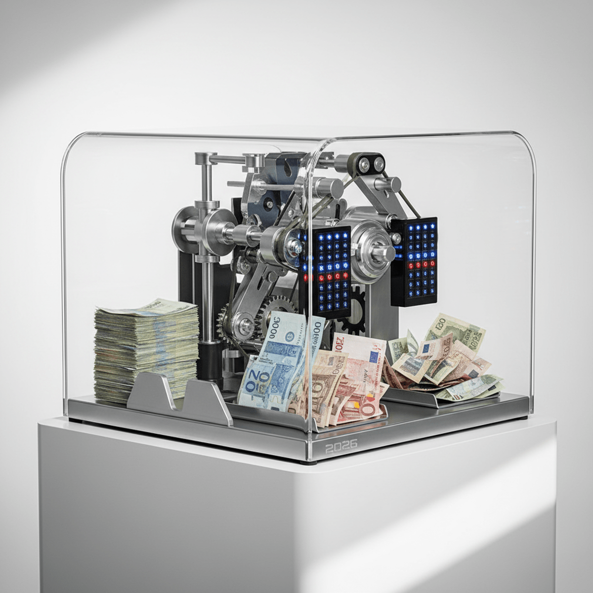 Advanced transparent note counting machine with internal mechanisms. Futuristic note counter with transparent housing showing internal sorting and optical sensors.