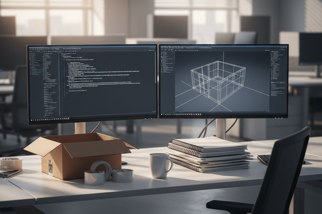 Modern office desk with packed box and monitors showing code, illustrating post-launch team reduction