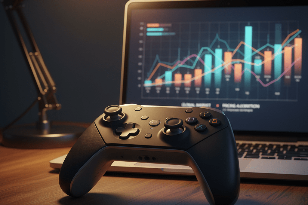 Close-up of controller and laptop showing abstract pricing data charts under warm ambient light