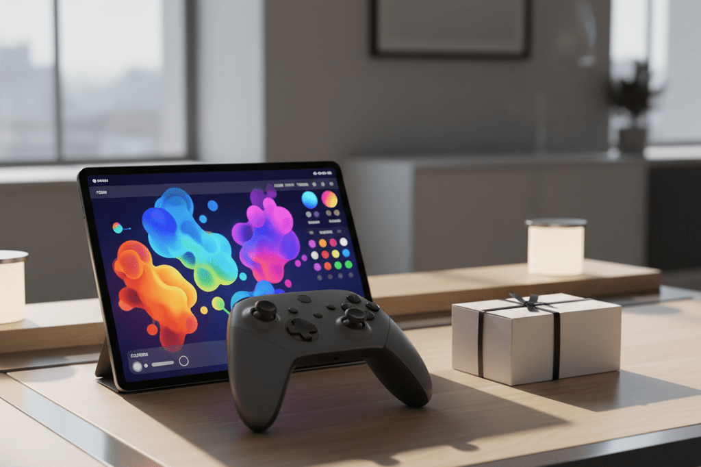 Gaming controller and tablet showing avatar customization options Modern desk with gaming controller and tablet displaying abstract avatar customization under natural light