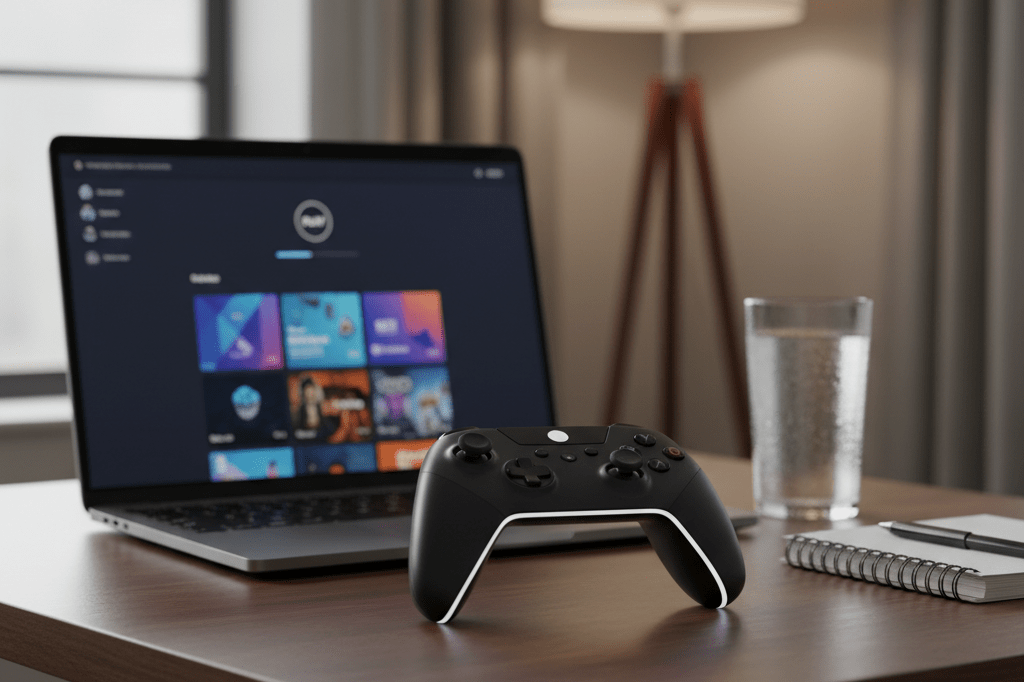Gaming controller on desk next to laptop displaying generic digital store interface under natural light