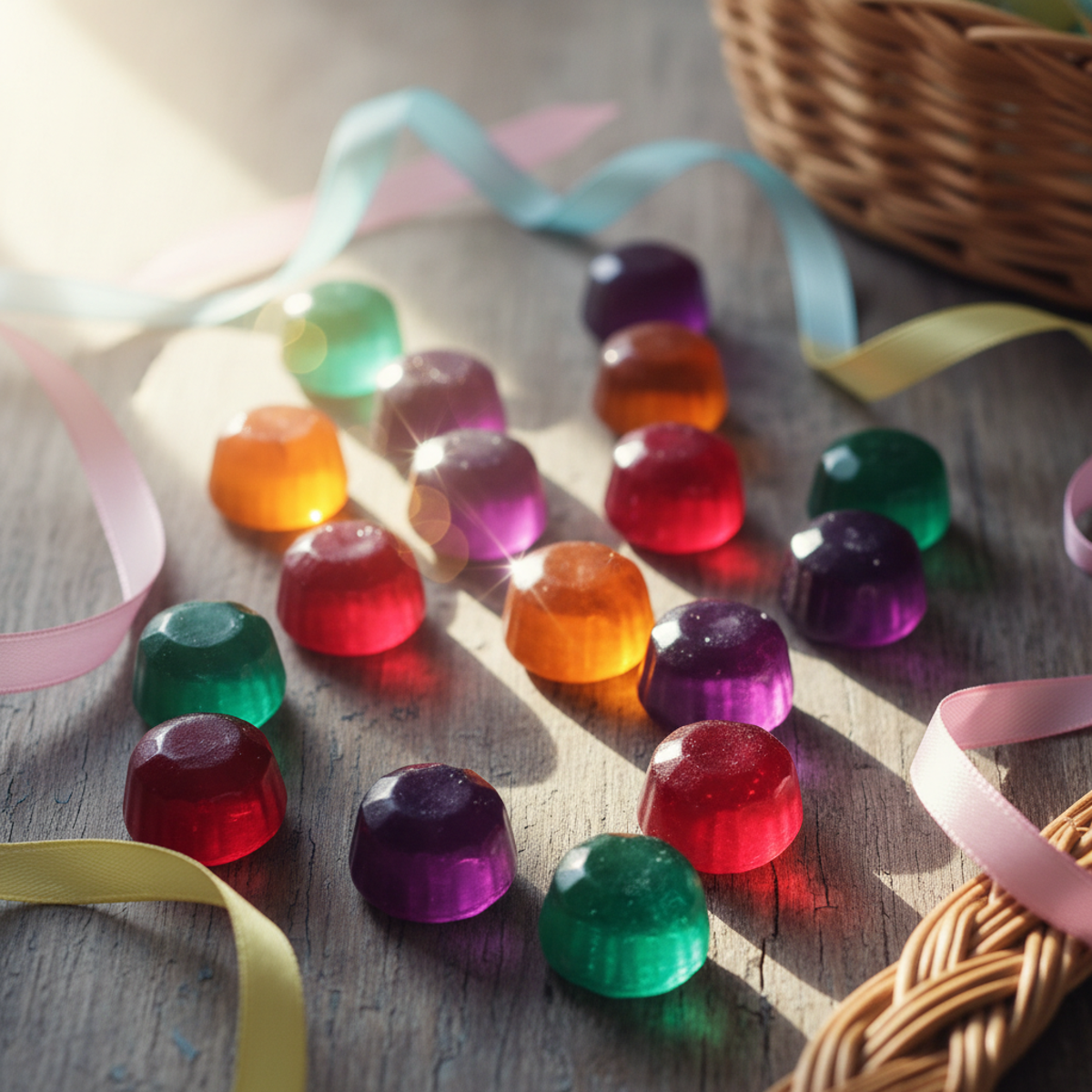 Vibrant gemstone-shaped Easter candy gummies scattered on a wooden surface with ribbons.
