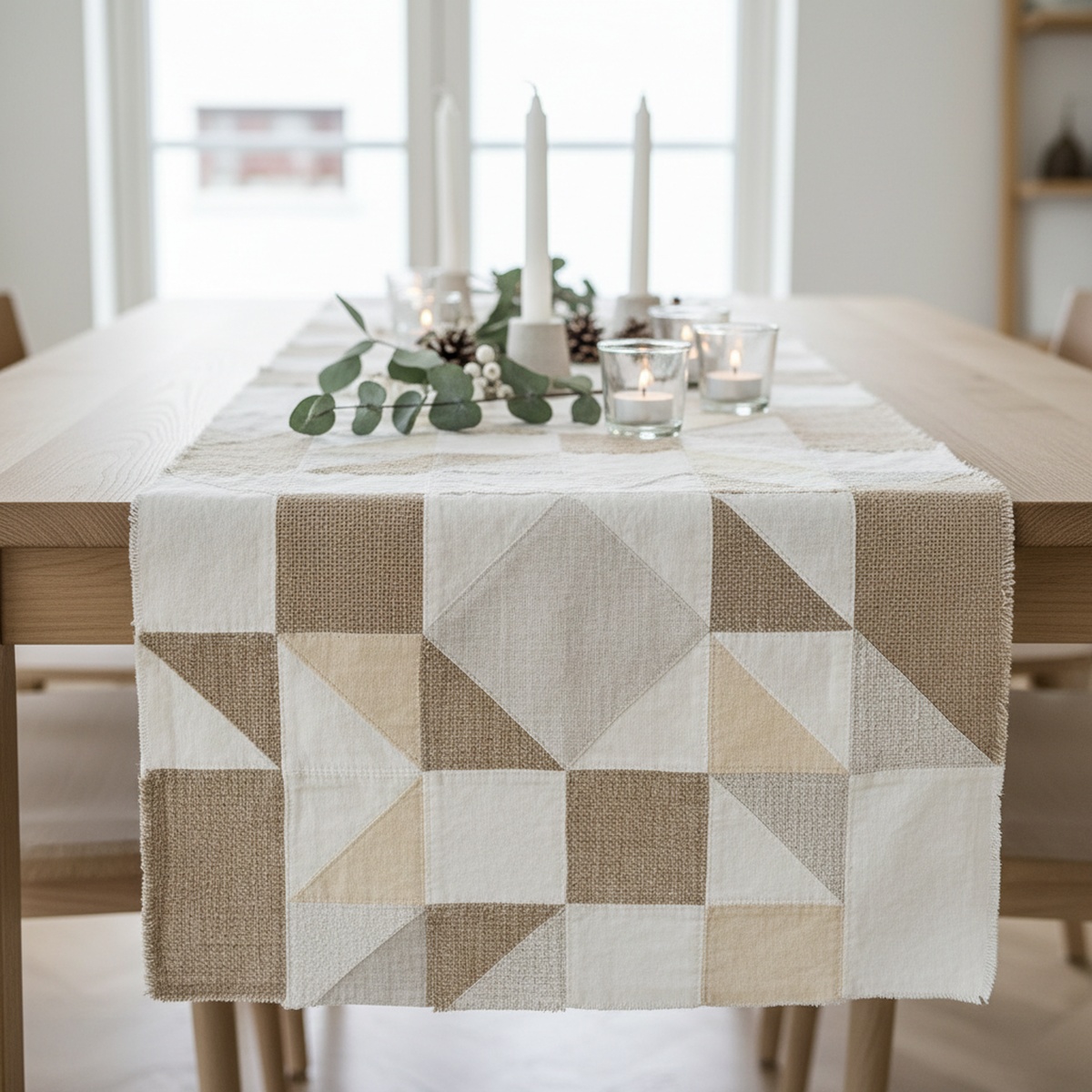 Modern sustainable table runner crafted from organic linen, hemp, and cotton scraps.